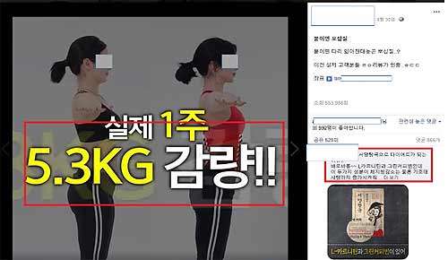 일반쇼핑몰의 광고에는 과대광고가 없으나 SNS에 과대광고로 적발된 사례임