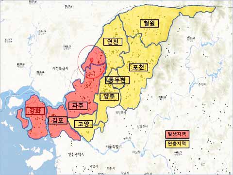 농림축산식품부 아프리카돼지열병 발생지역과 완충지역 현황