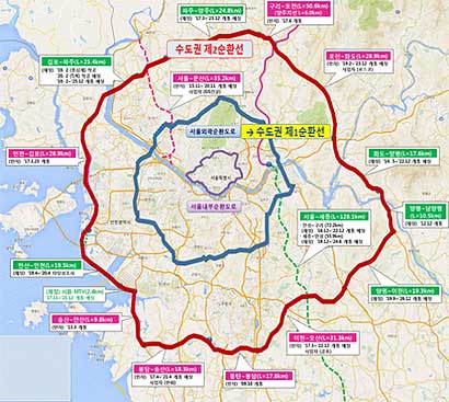 현행 서울외곽순환선 및 수도권 제2순환선 노선도
