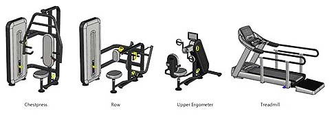 개발된 체스트프레스Chestpress 로우Row 상지에르고Upper Ergonmeter 트레이드밀Treadmill 유니버설디자인 운동용품