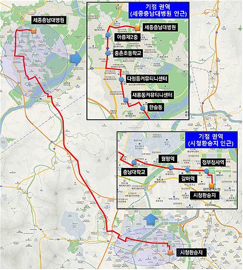세종측 세종충남대병원 아름제2중 종촌초등학교 다정동커뮤니티센터 새롬동    커뮤니티센터 한솔동  대전측 충남대학교 월평역 갈마역 정부청사역 시청환승지