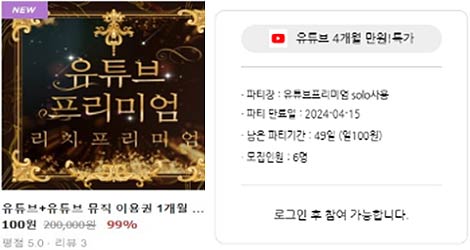  계정공유 이용권 판매 화면 예시 
