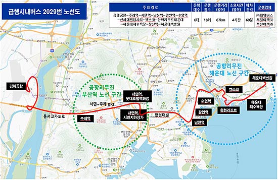 공항리무진 대체노선급행버스 2029번 노선도 및 정류소