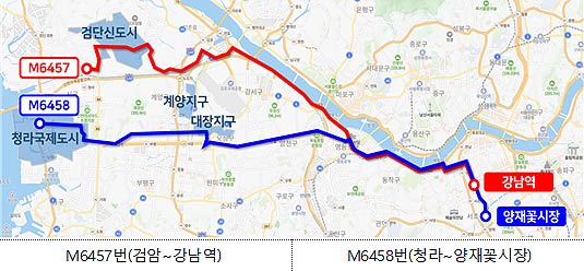 인천 기점 노선도M6457번 M6458번 