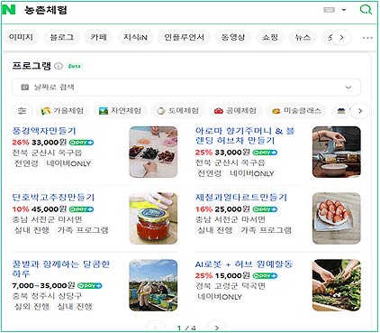 농촌 체험 검색 결과 갈무리