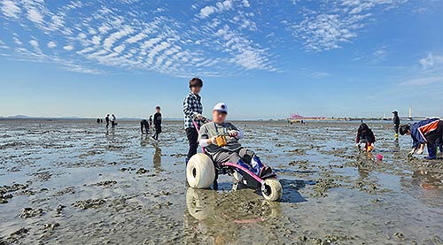 무장애 여행 전문 여행사 무빙트립이 경기 시흥시와 함께 오이도 해양단지와 연계한 바다휠체어 활용 무장애 갯벌 체험 프로그램을 운영한다