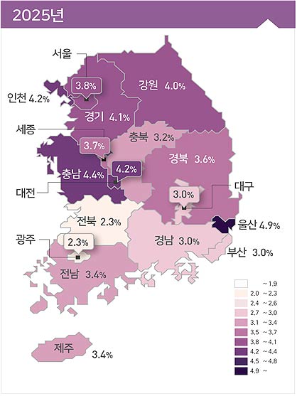 우울증상유병률 수준을 색상 농도로 표현한 것으로 색상이 진할수록 우울증상유병률이 높고 색이 연할수록 우울증상유병률이 낮음을 나타냄