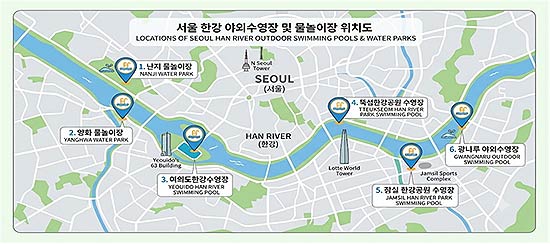서울 한강 야외수영장 및 물놀이장 위치도