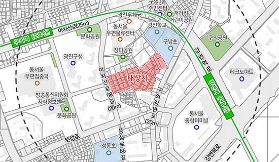 위치도 광진구 구의동 58758번지 일대 모아타운