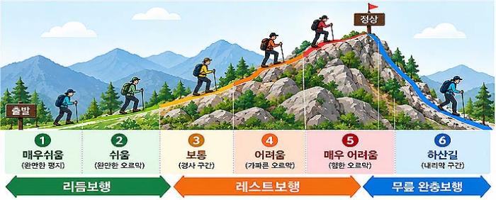 탐방로의 난이도를 거리 경사 노면 상태 소요시간 등 객관적 기준에 따라 구분하여 총 5단계매우 쉬움쉬움보통어려움매우어려움로 구성되어 있음
